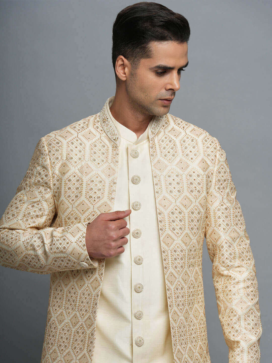 displaying image of Open Jacket Groom Embellished Sherwani