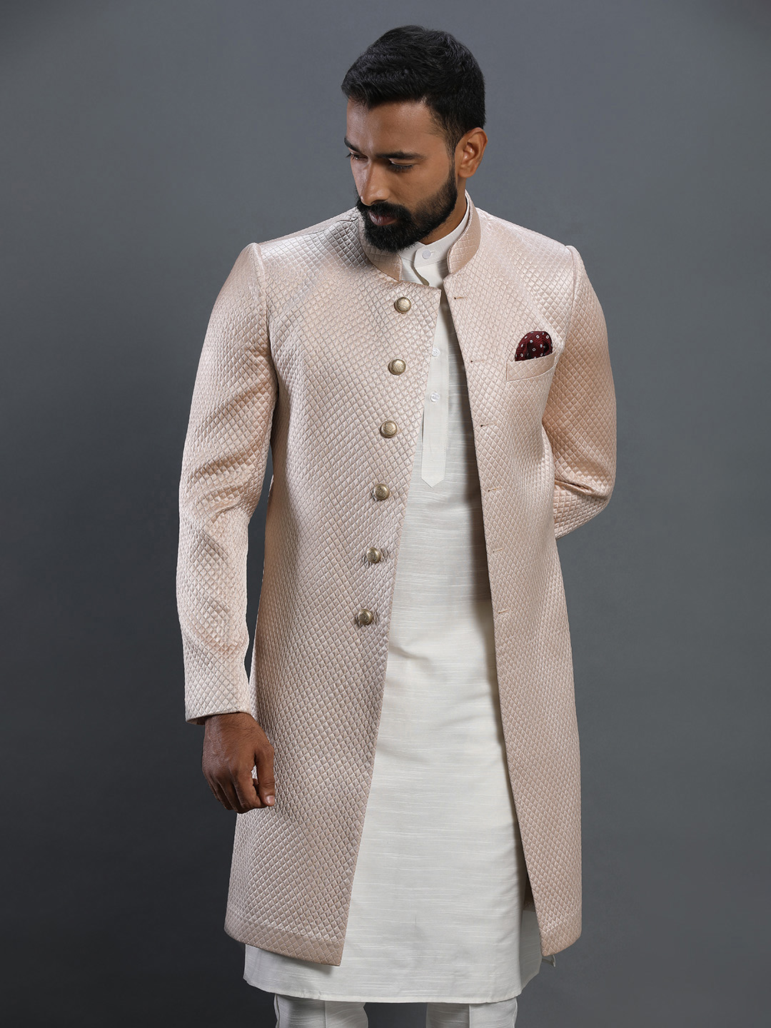 displaying image of Sabyasachi Peach 3 Piece Sherwani