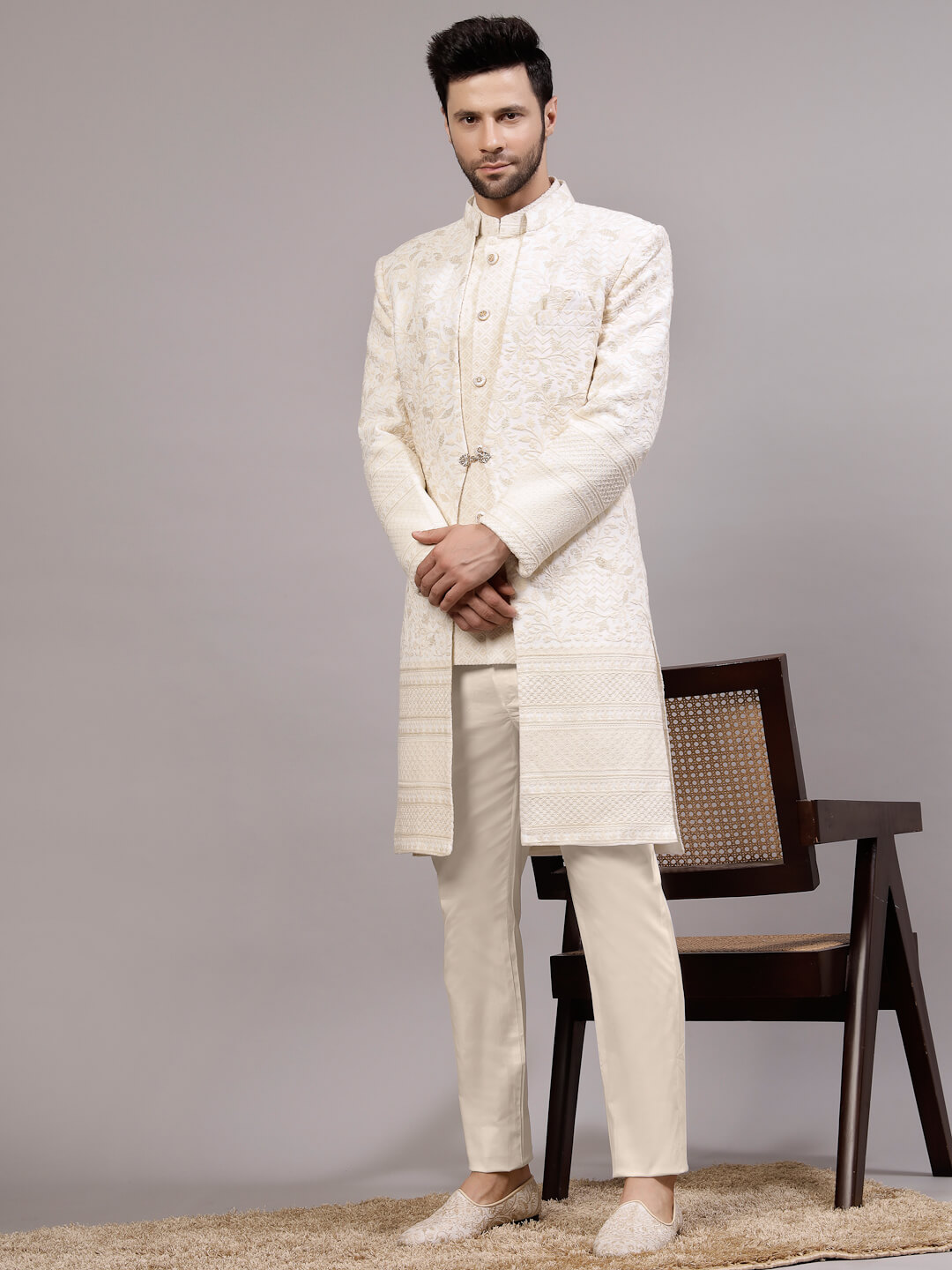 displaying image of Beige 2 Layer Jacket Sherwani