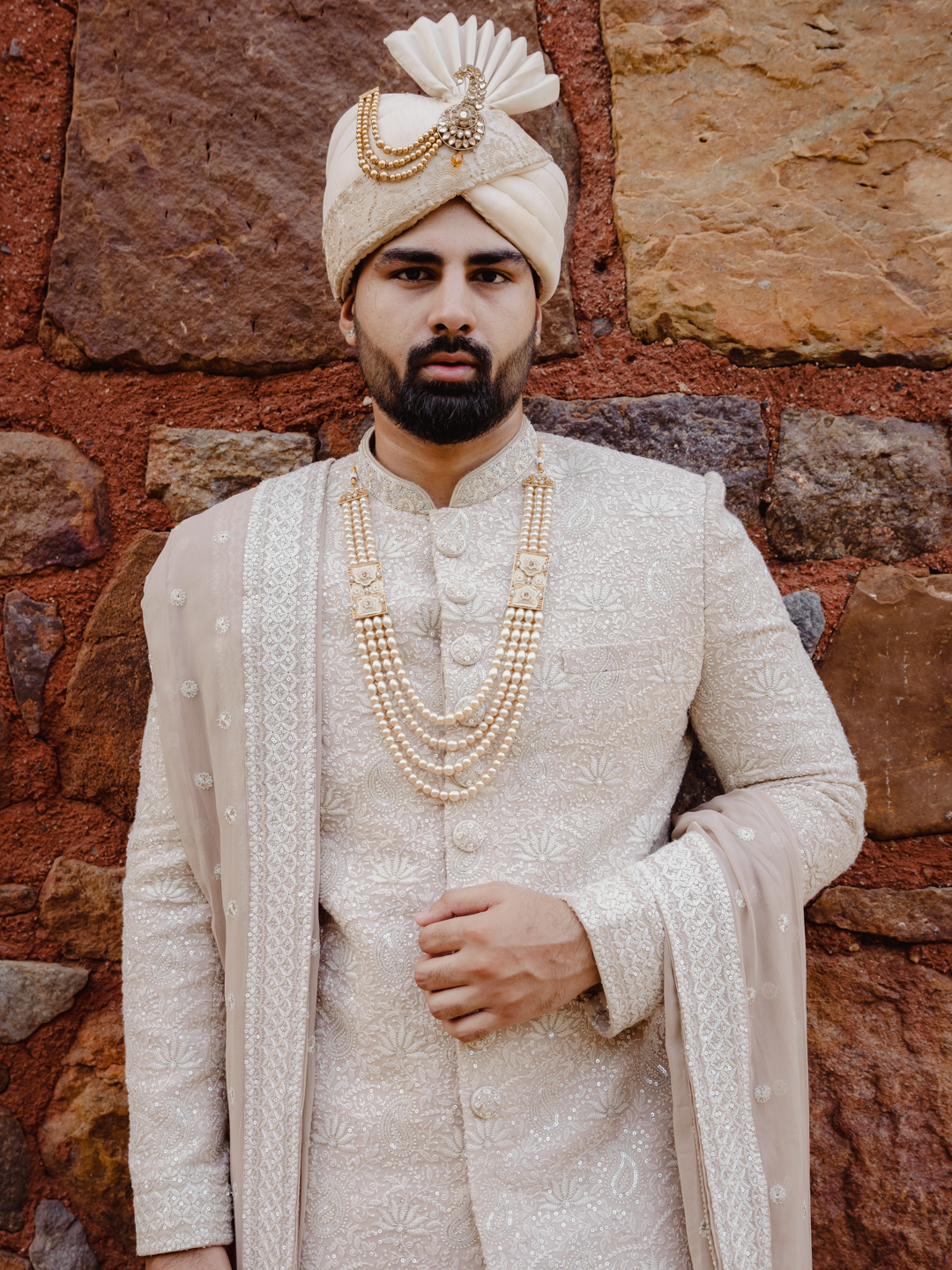 displaying image of Beige Paisley Floral Border Sherwani