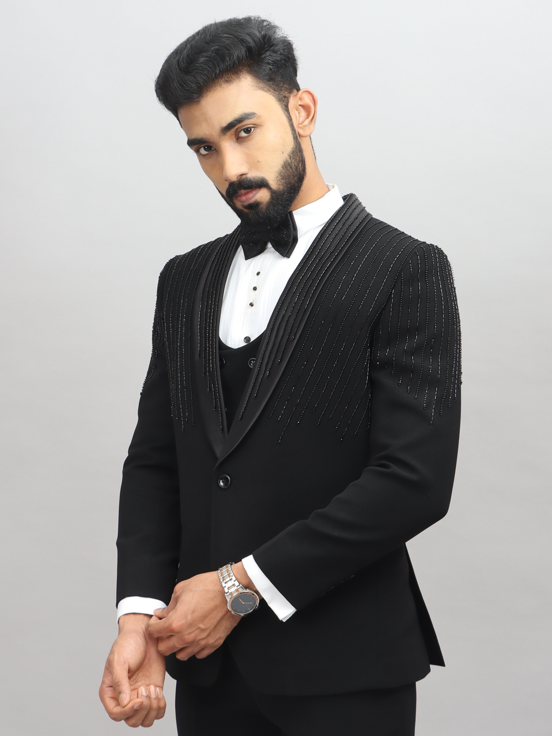 Black Beads Line Embroidered 3 Piece Suit