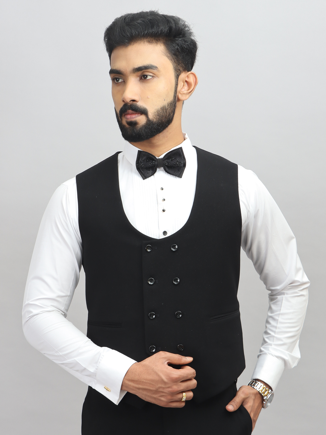 displaying image of Black Beads Line Embroidered 3 Piece Suit