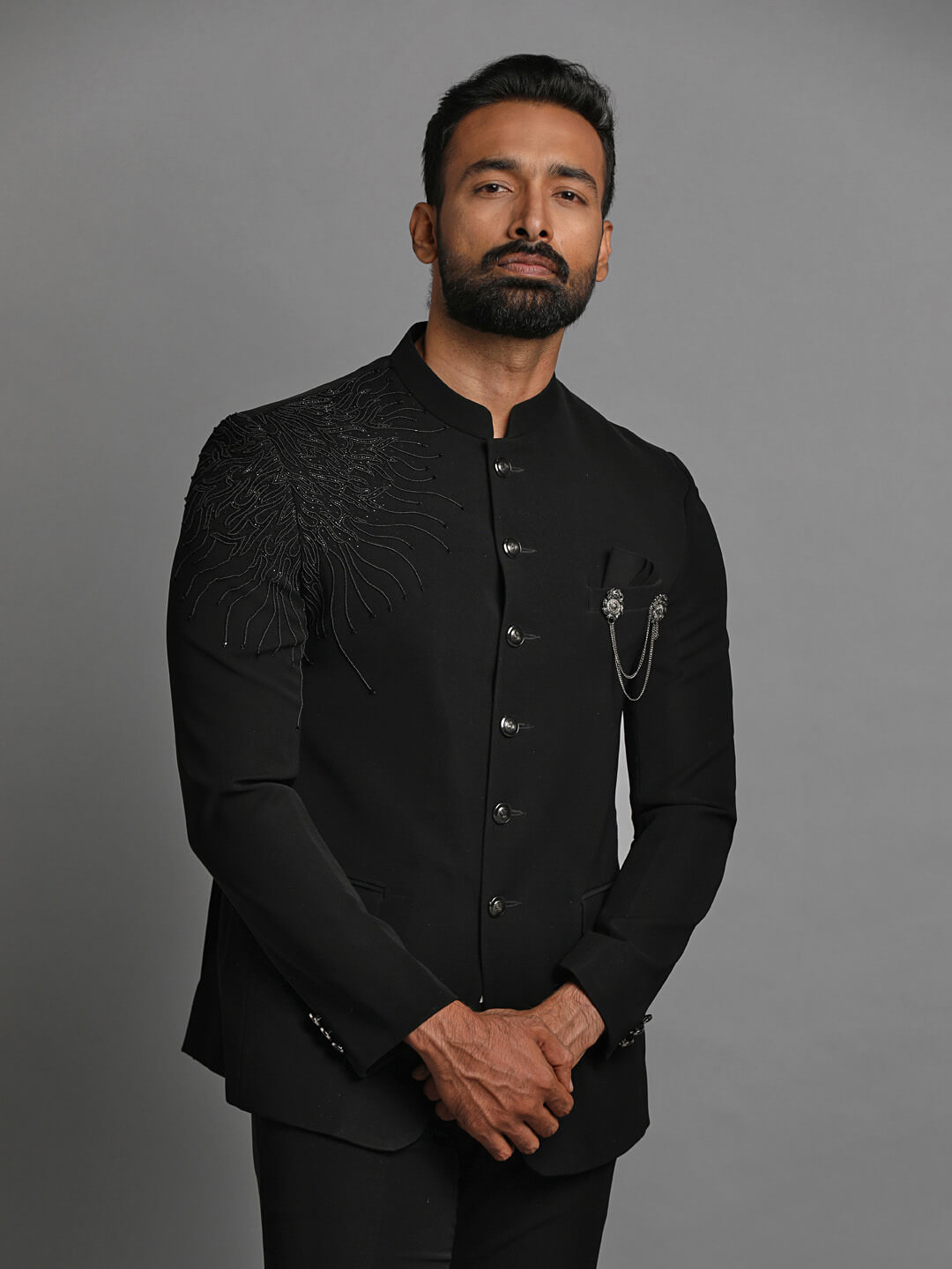 displaying image of Black Embellished Jodhpuri with Left Shoulder Rays