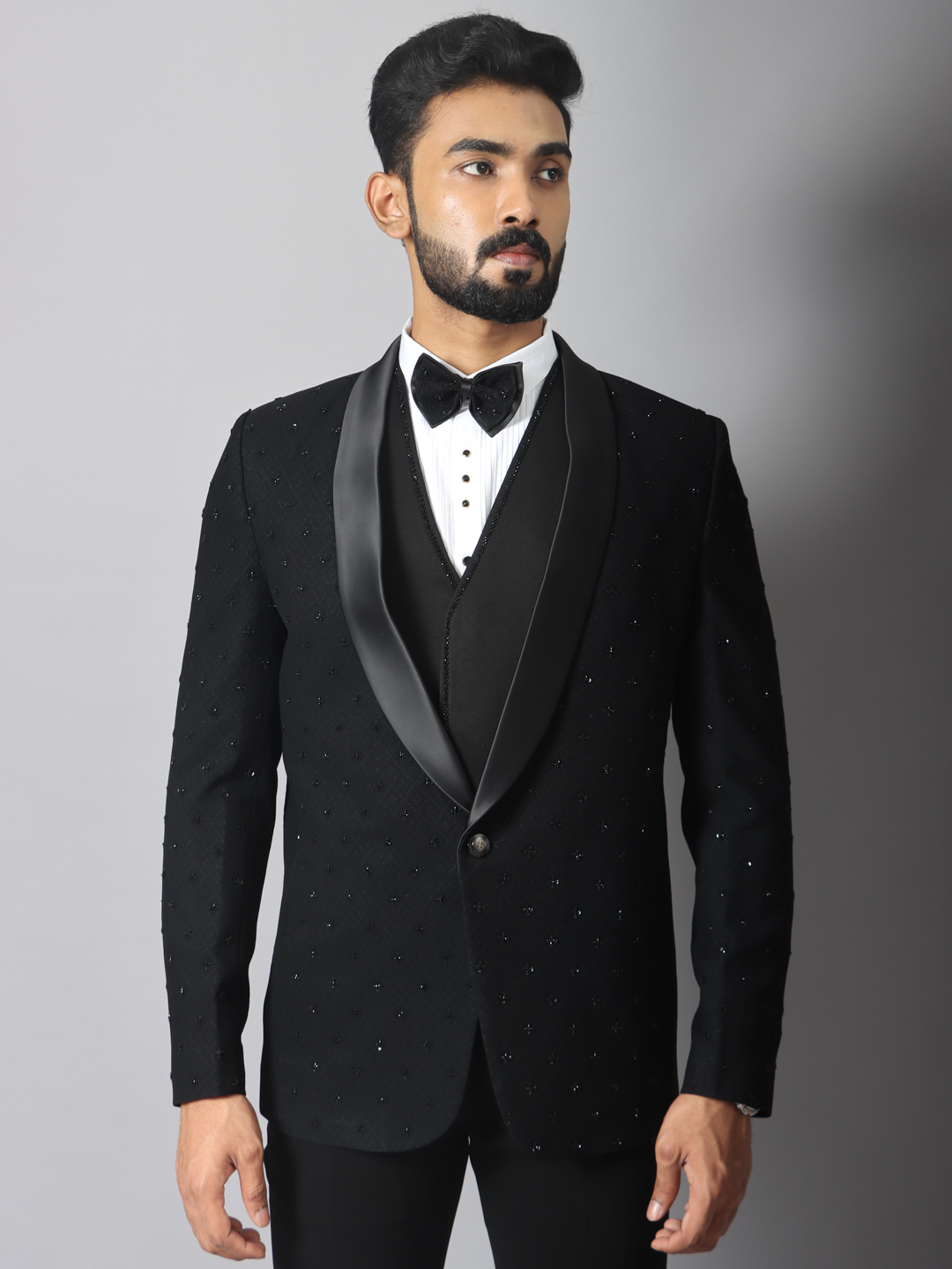 displaying image of Black Jacquard Small Embellished All Over 3 Piece Suit