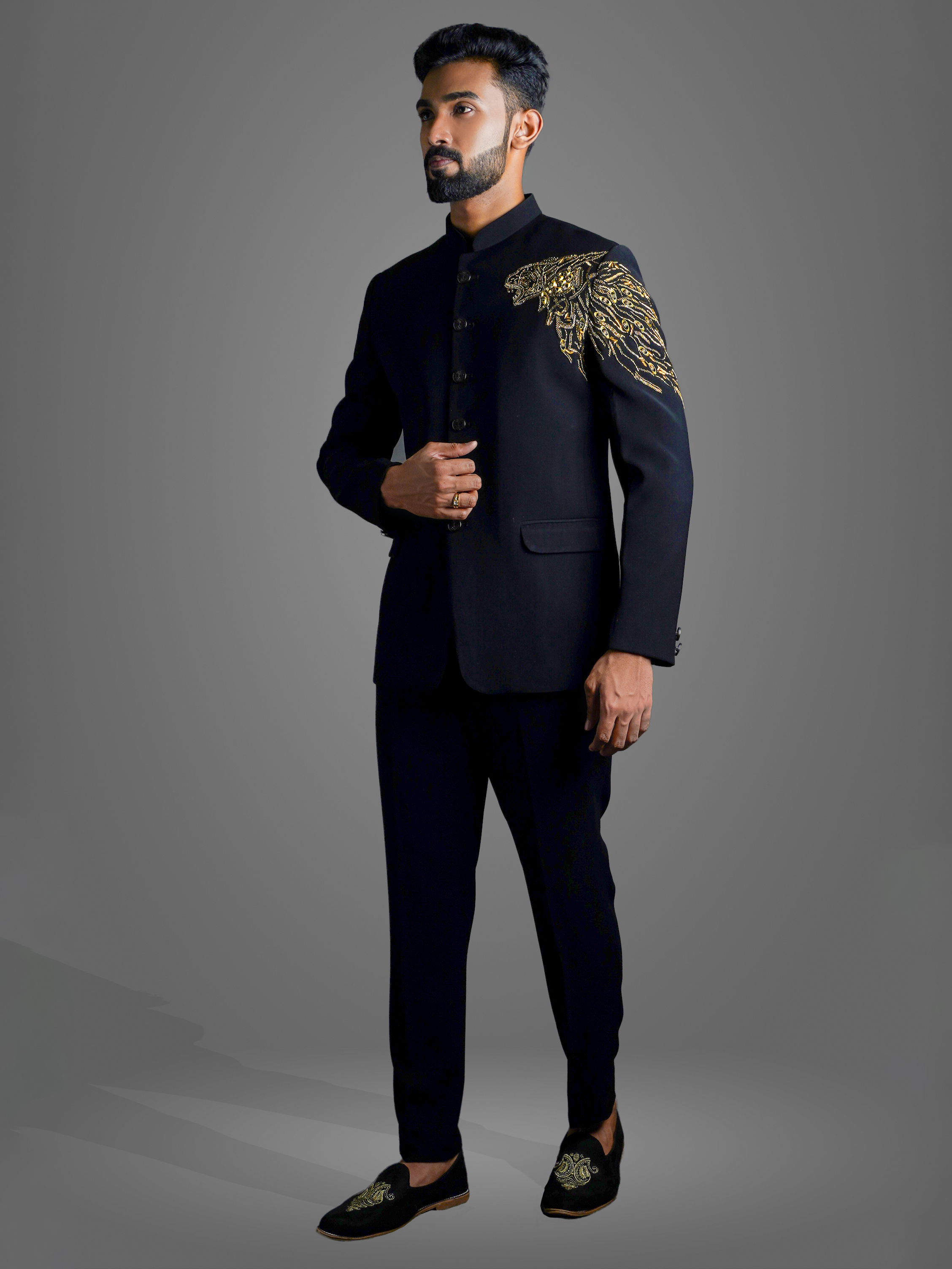displaying image of Black Lion Embroidered Jodhpuri