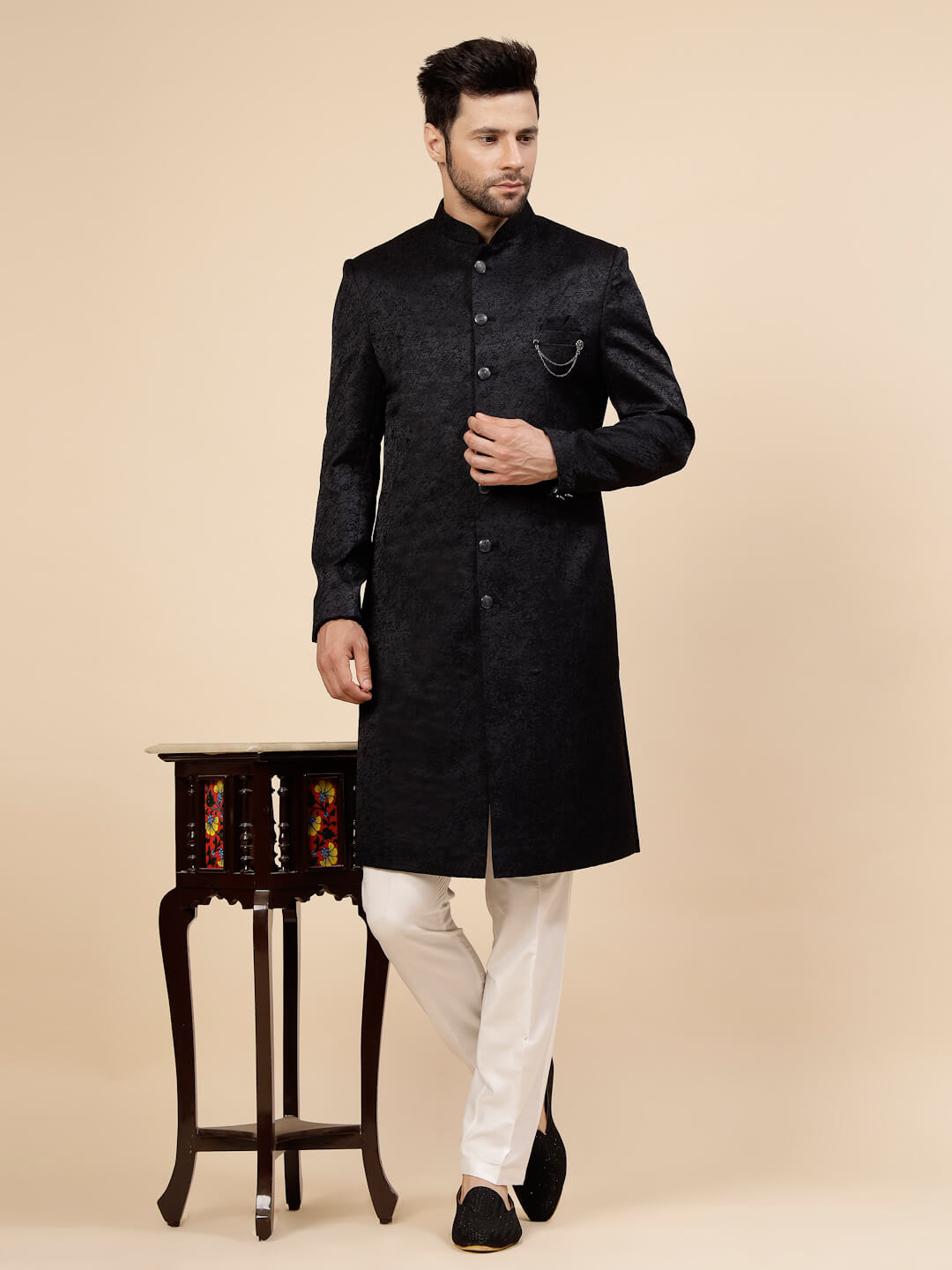 Black Plain Jacquard IndoWestern