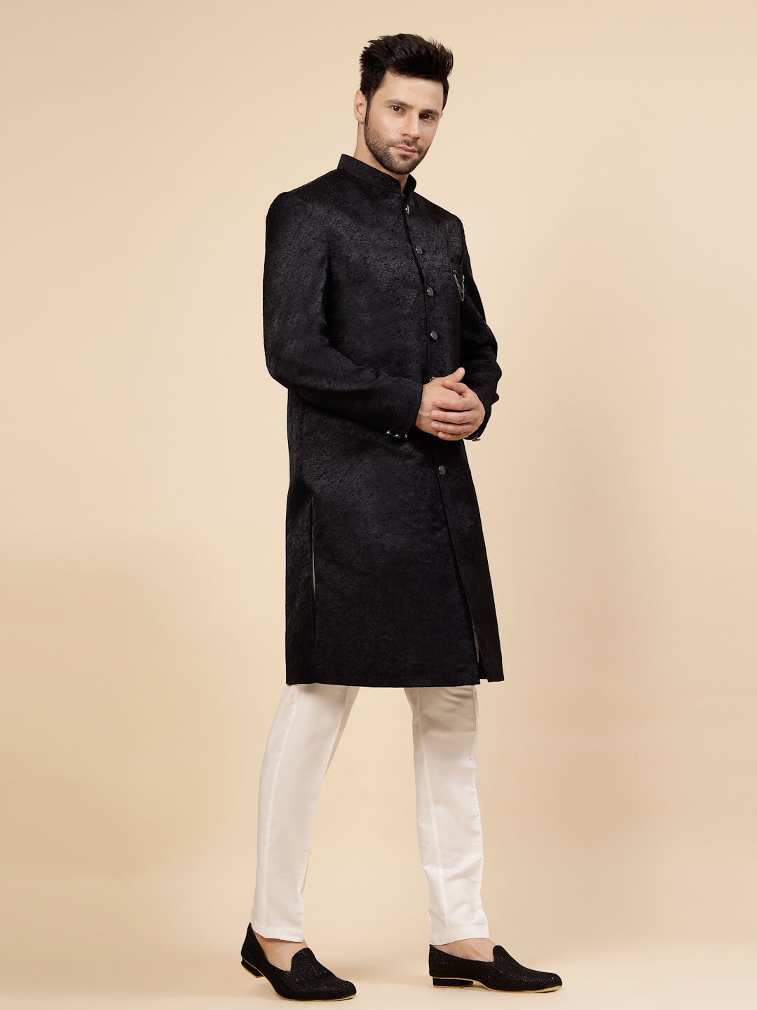 Black Plain Jacquard IndoWestern
