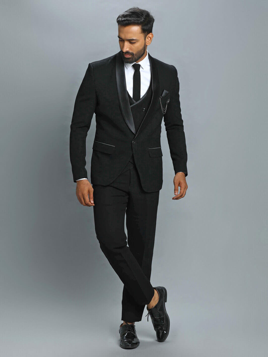 displaying image of Black Slight Embroidered 3 Piece Suit