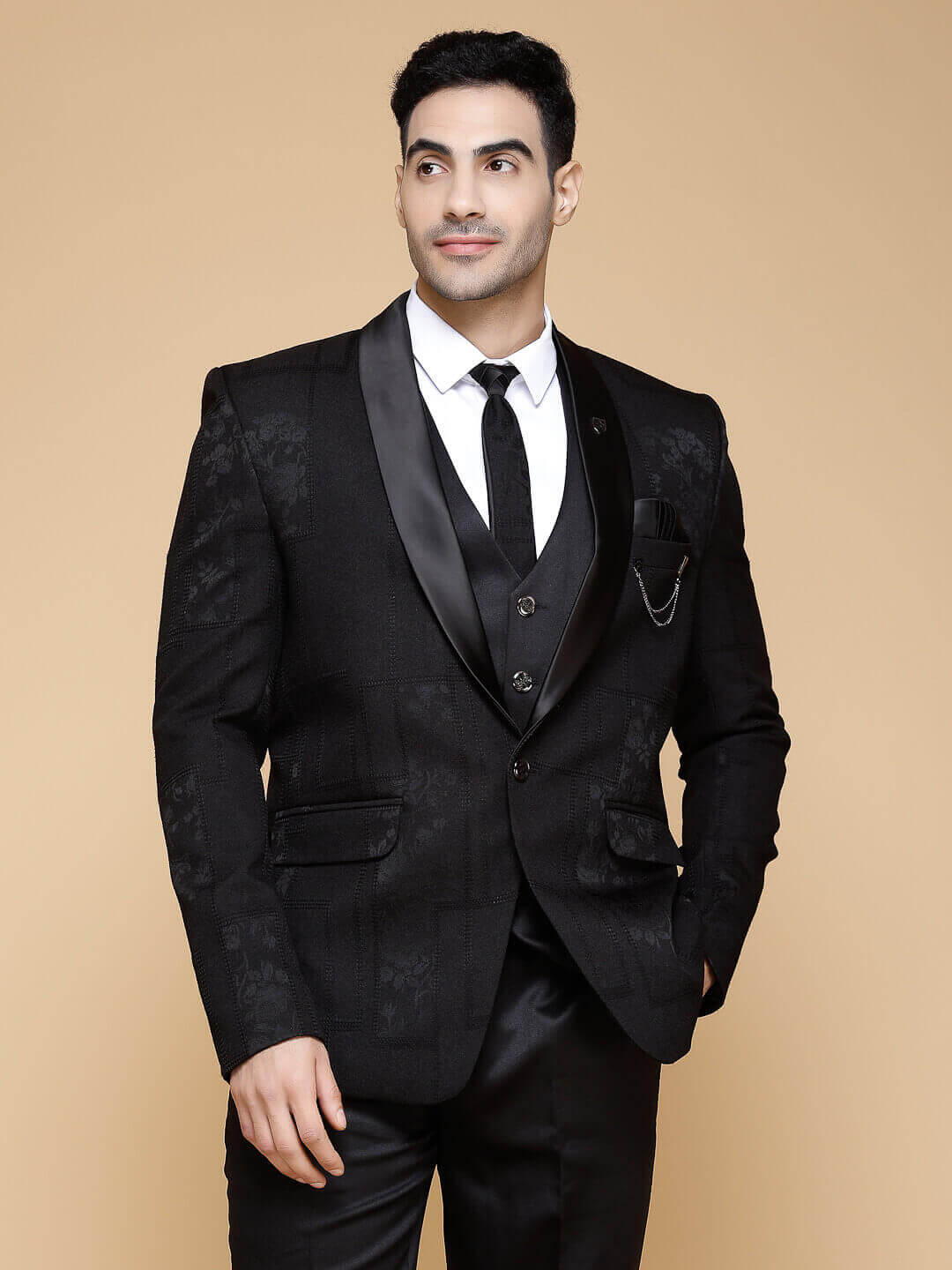 displaying image of Black Subtle Fame Embroidered 3 Piece Suit