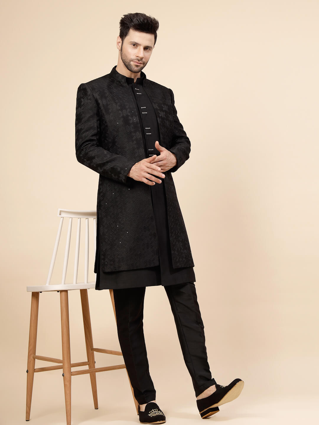 Black Threaded OverJacket Sherwani