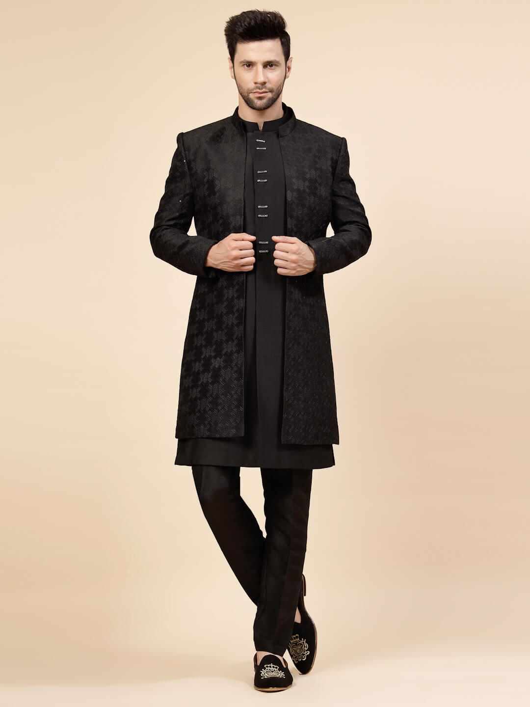 Black Threaded OverJacket Sherwani