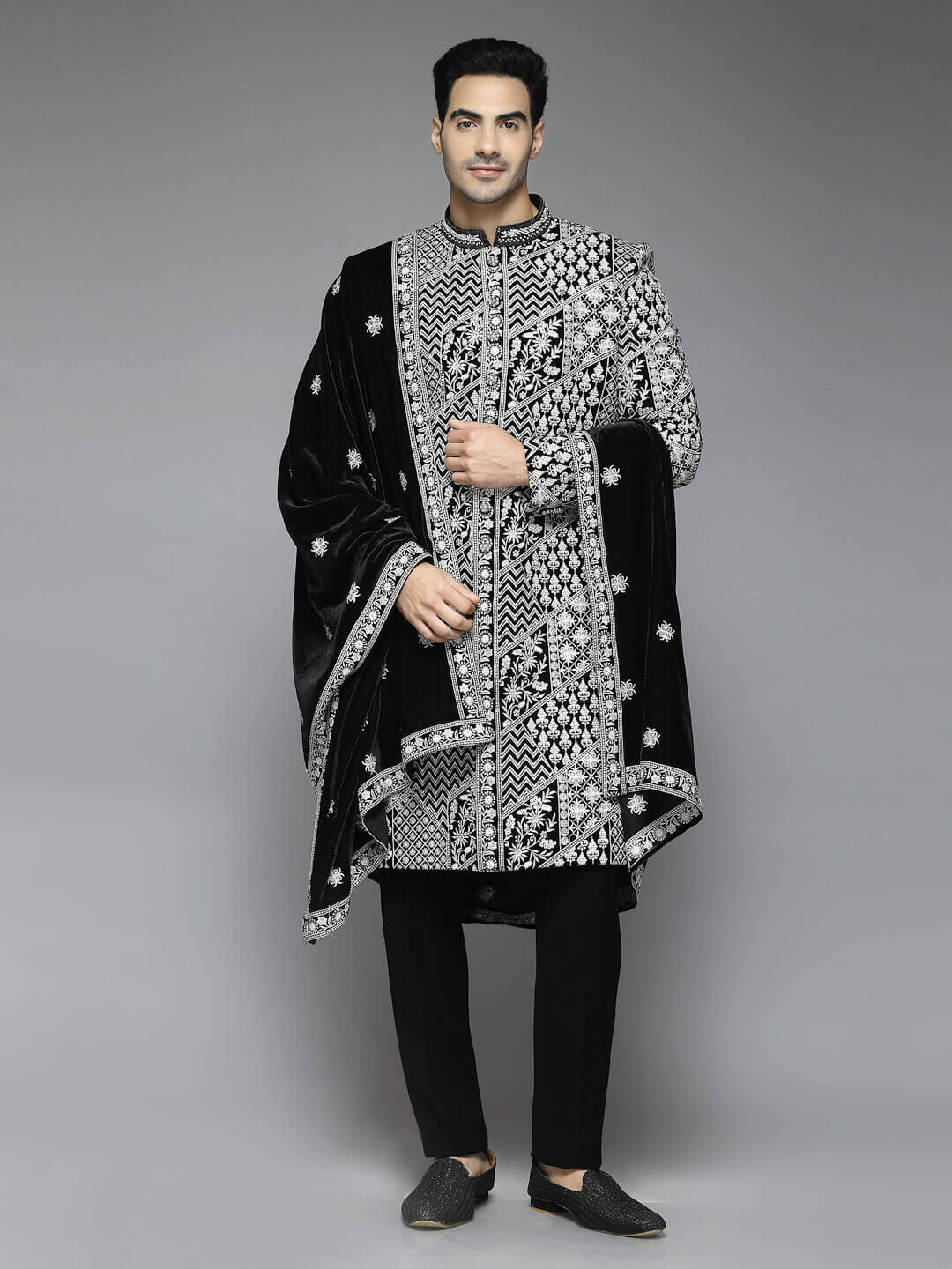 Black Velvet White Embroidered Sherwani