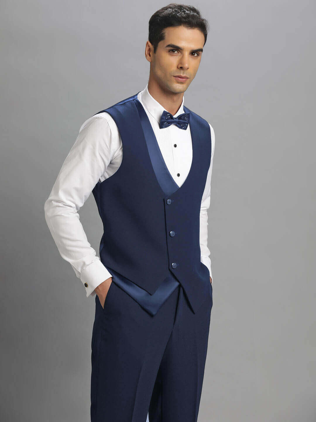 displaying image of Blue Booti Embroidered 3 Piece Tuxedo