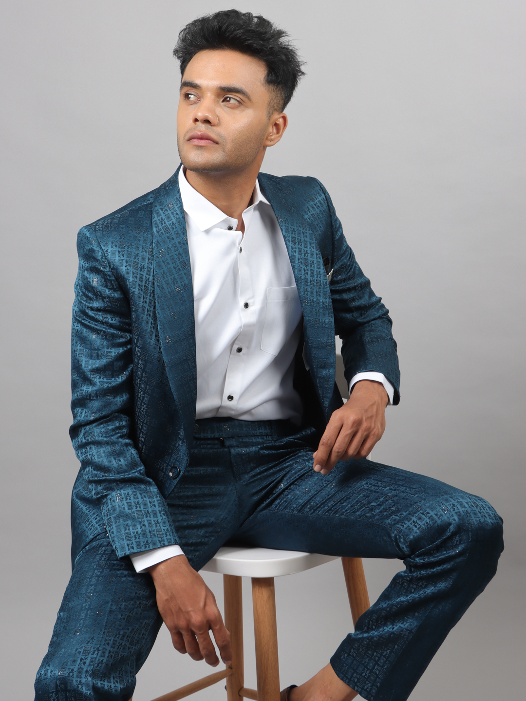 displaying image of Blue Designer Jacquard Shawl Suit