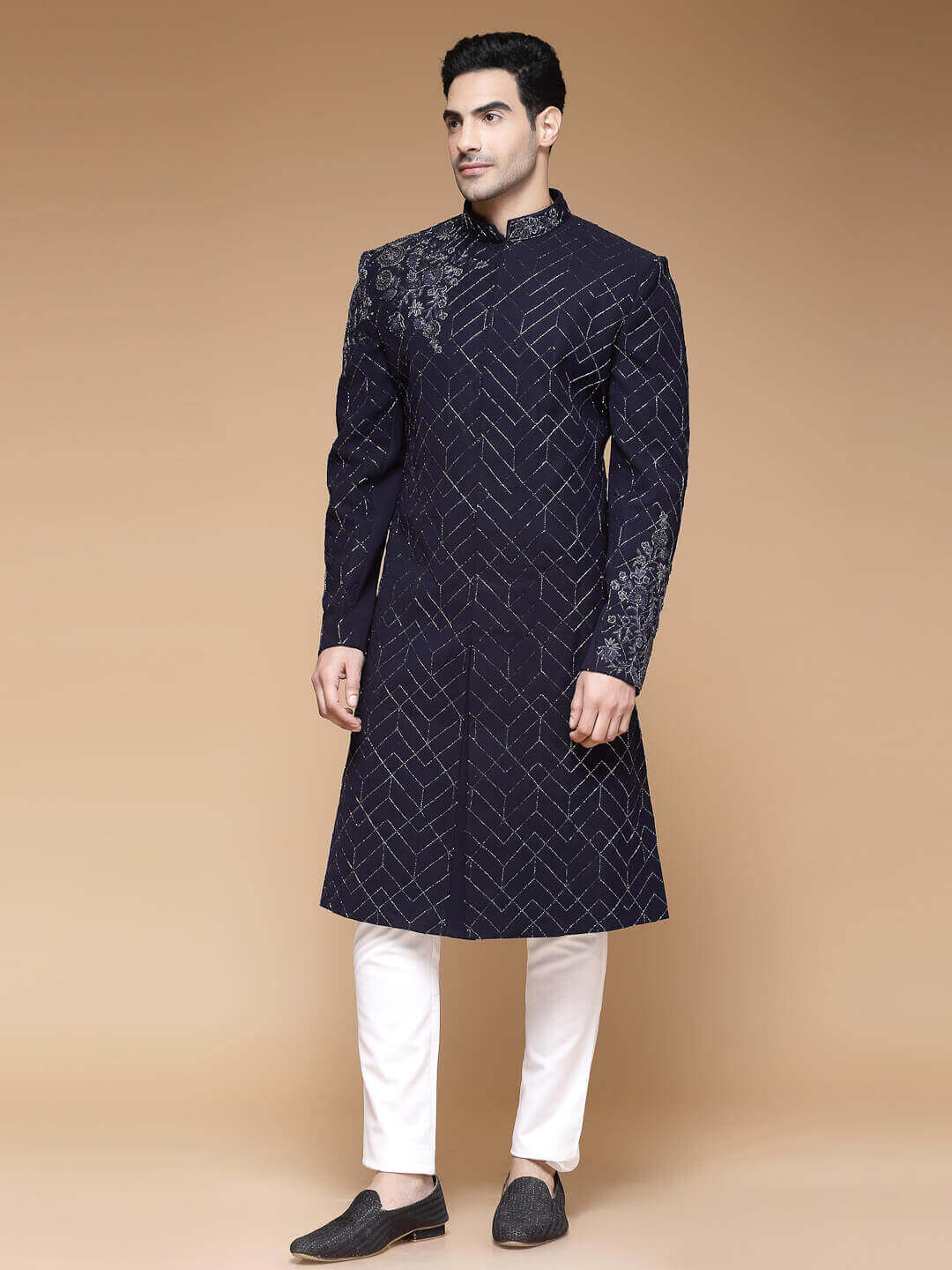 displaying image of Blue Embroidered Left Shoulder Sherwani