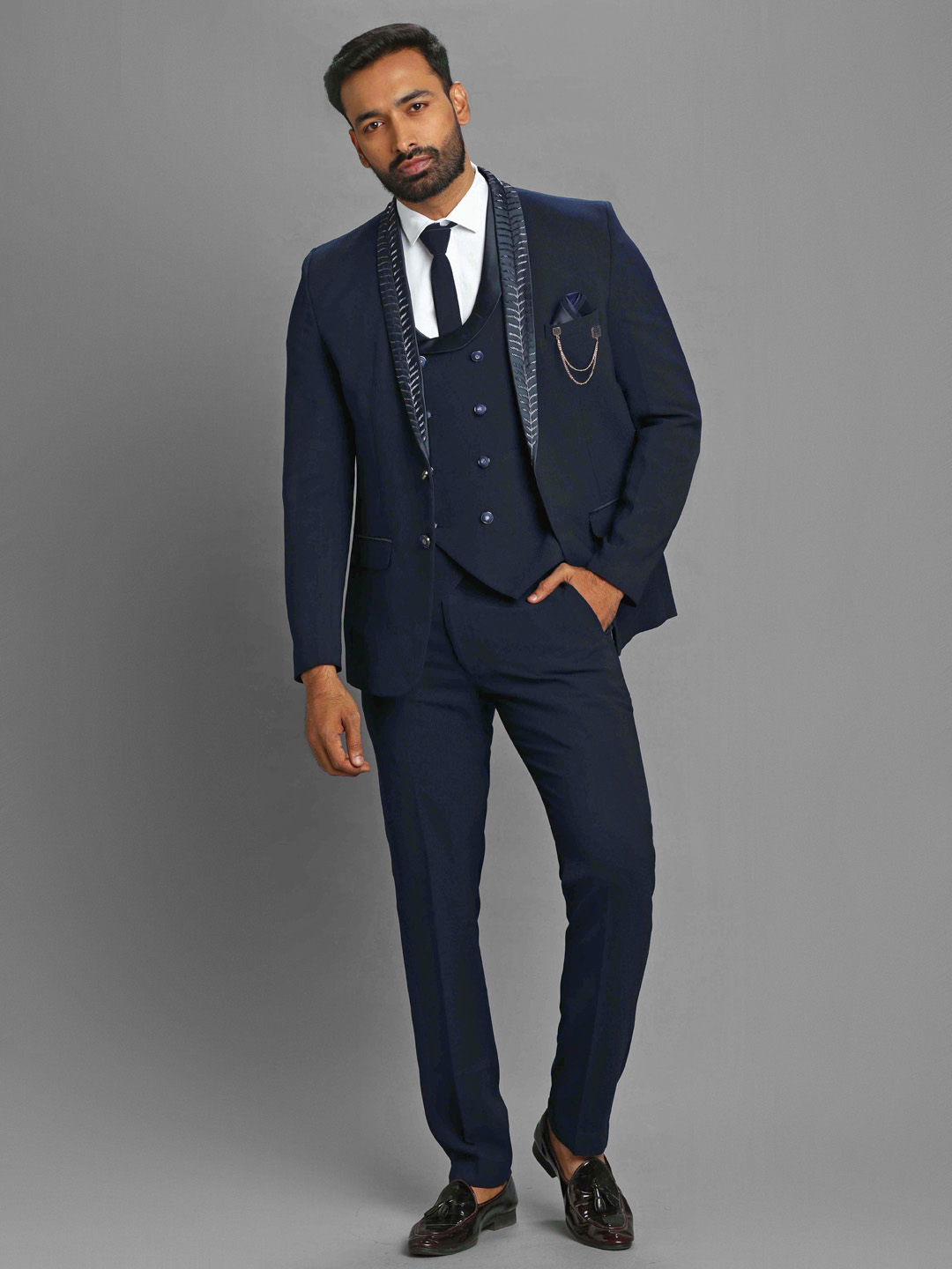 displaying image of Blue Embroidered Lapel 3 Piece Suit