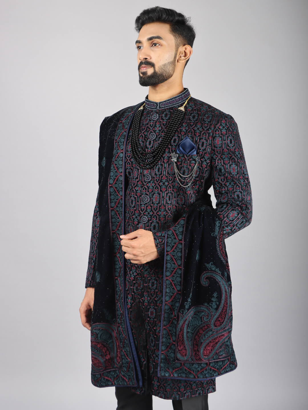 Blue Embroidered Pink Work Sherwani