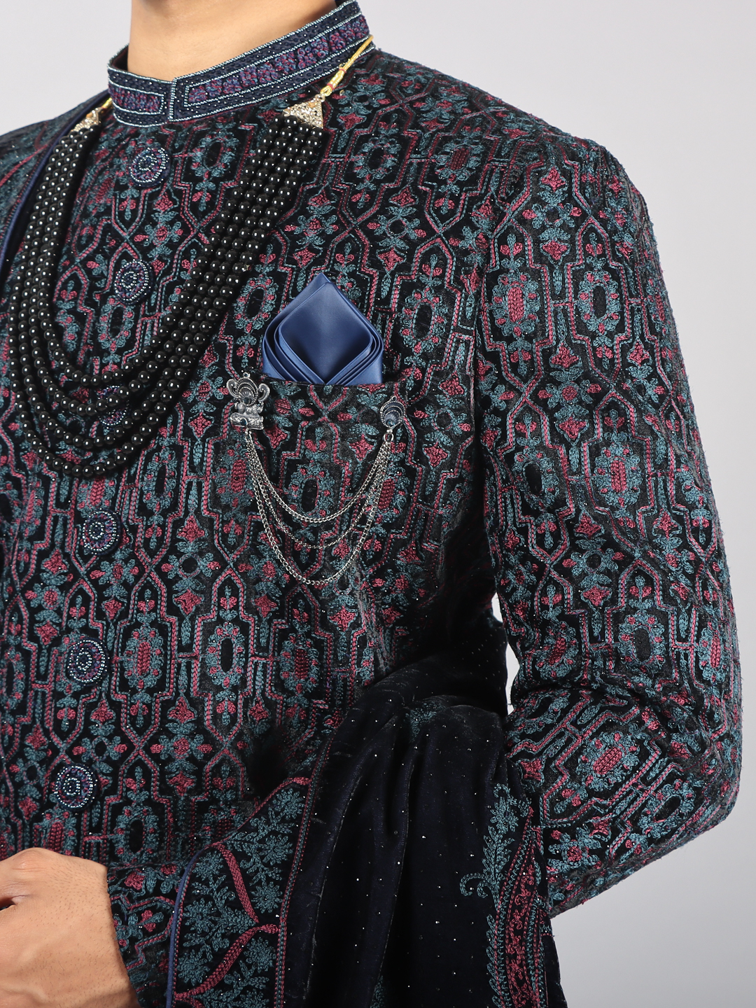 Blue Embroidered Pink Work Sherwani