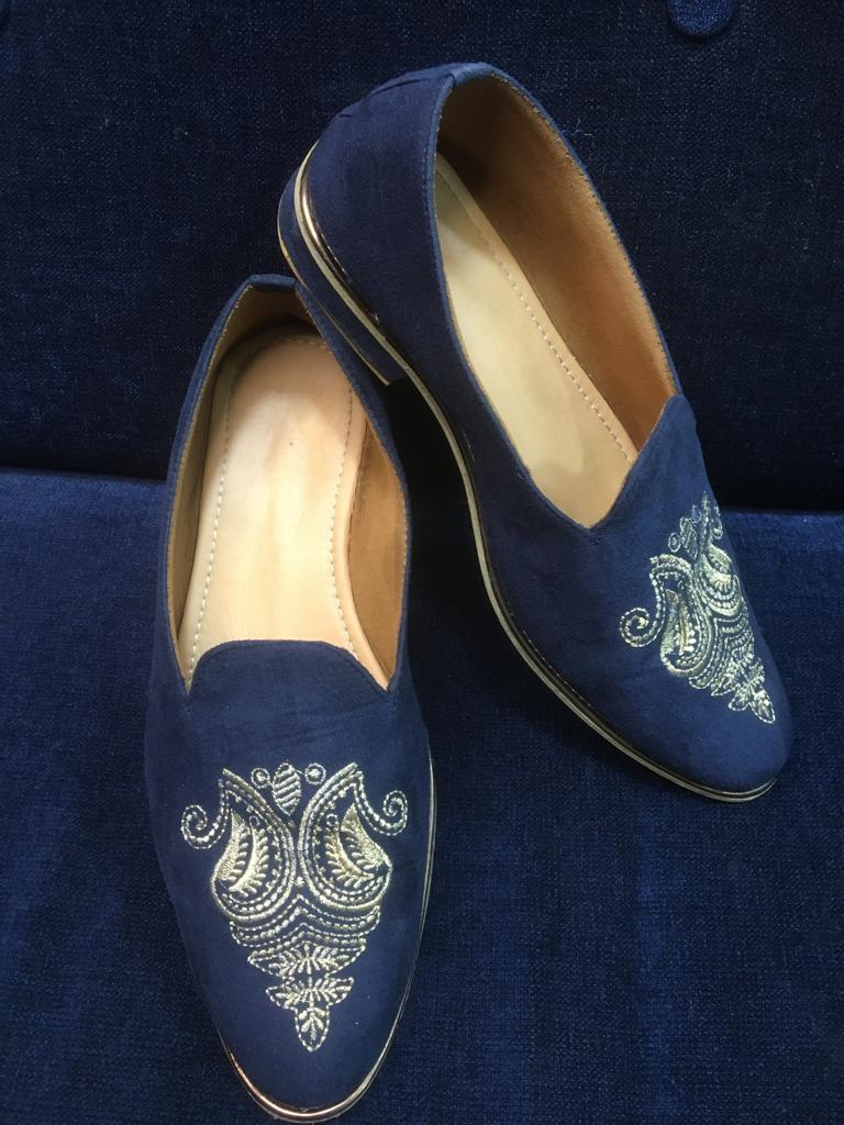 Rent Buy Blue Embroidered Velvet Shoe Home Trial Free Delivery   Blue Embroidered Velvet Shoe Large 1 