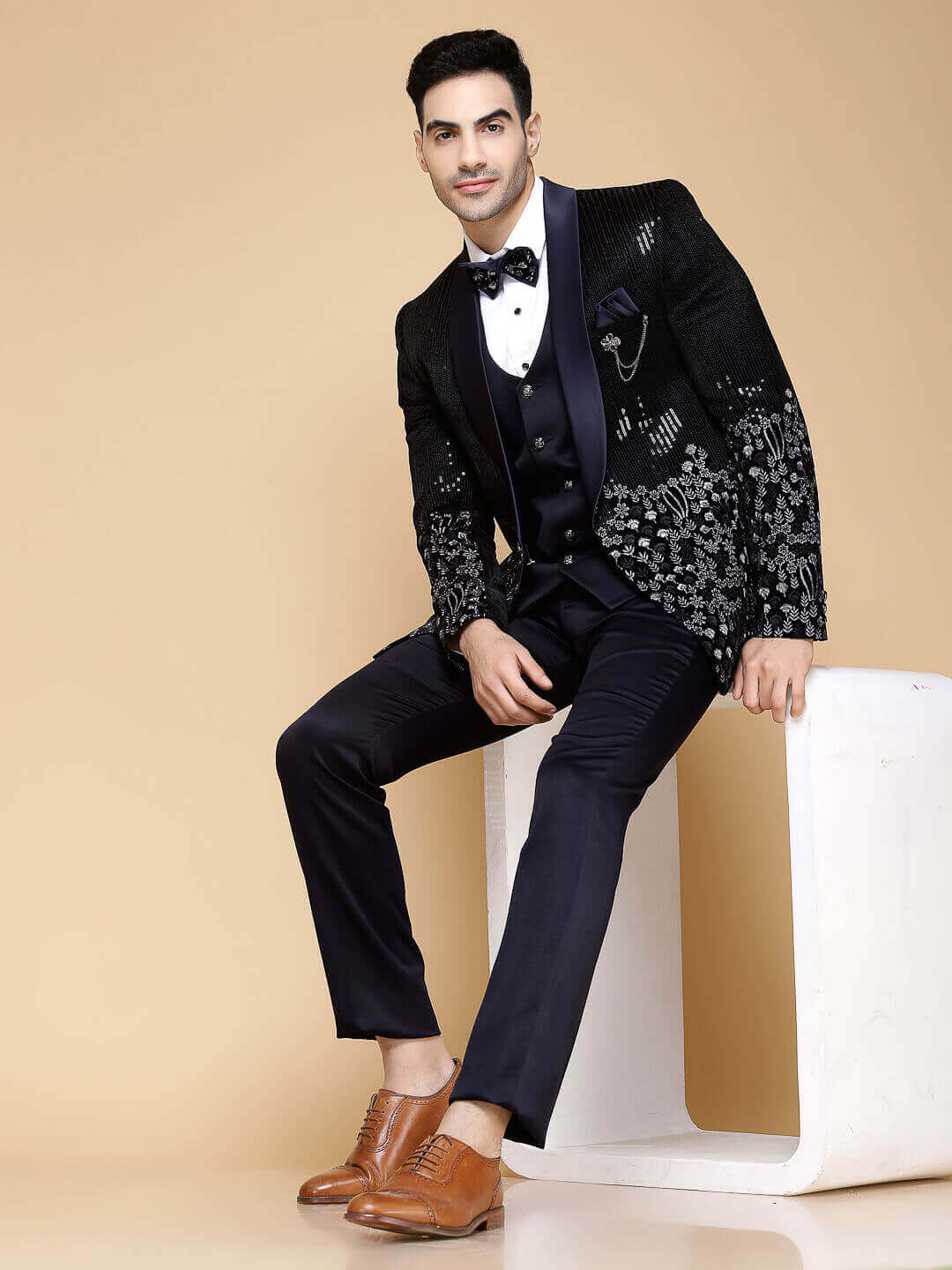 displaying image of Blue Floral Jaquard 3 Piece Tuxedo