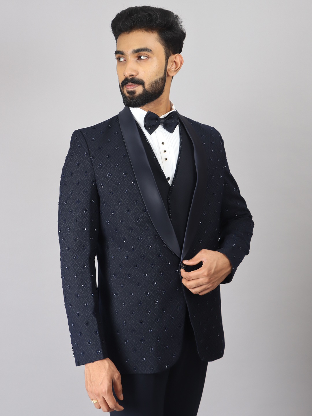 displaying image of Blue Jacquard Small Embellished All Over 3 Piece Suit