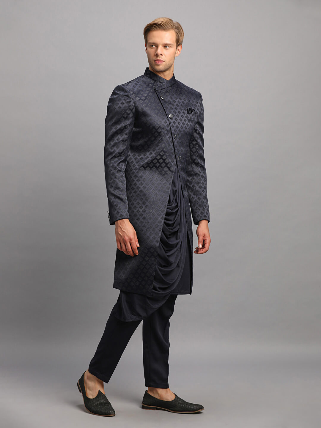 displaying image of Blue Jaquard Cowl Kurta Pyjama