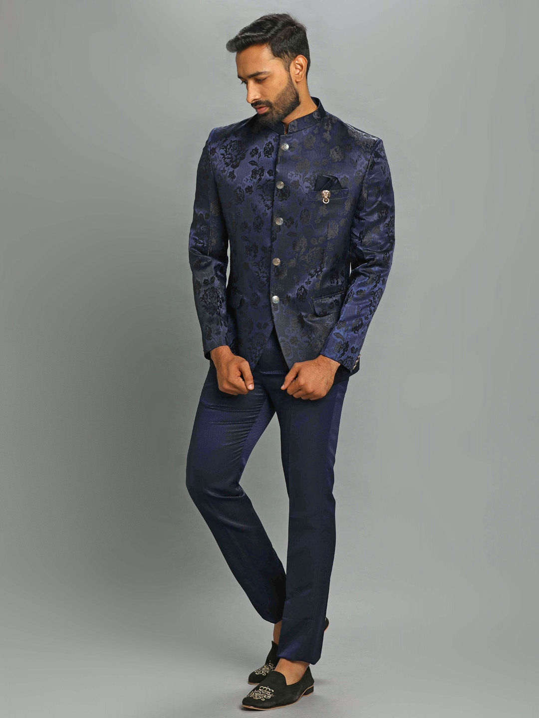 Blue Jaquard Italy Shiny Floral Jodhpuri