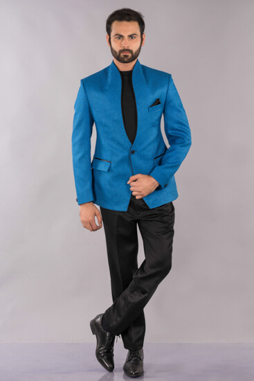 Rent/Buy Blue Jute V-Neck Suit | Home Trial | Free Delivery | CandidMen