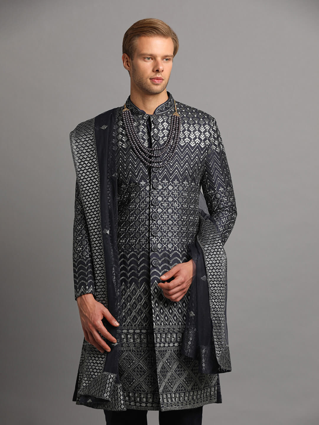 displaying image of Blue Silver all over with Dupatta Sherwani