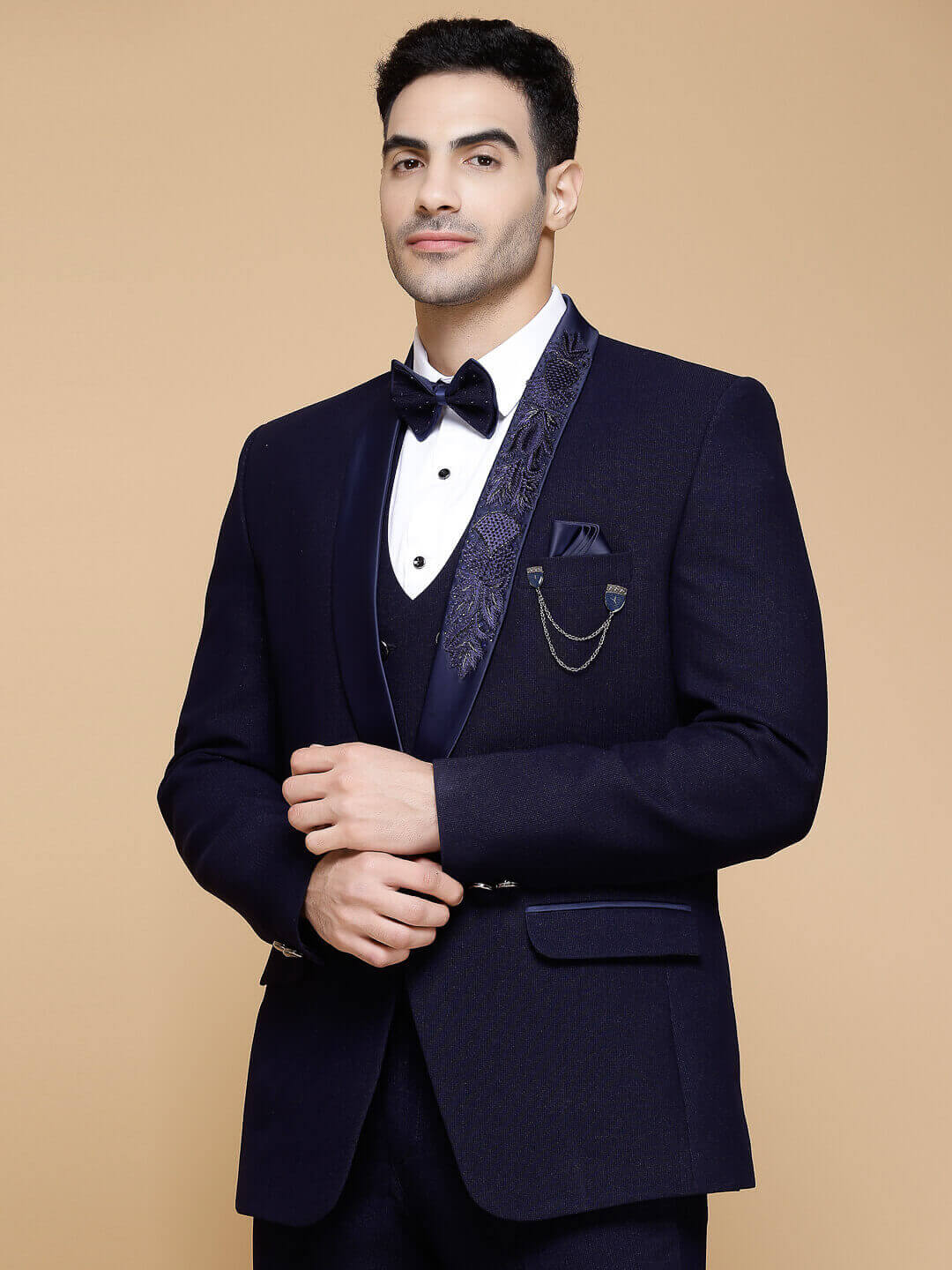 Blue Single Lapel Embroidered 3 Piece Suit