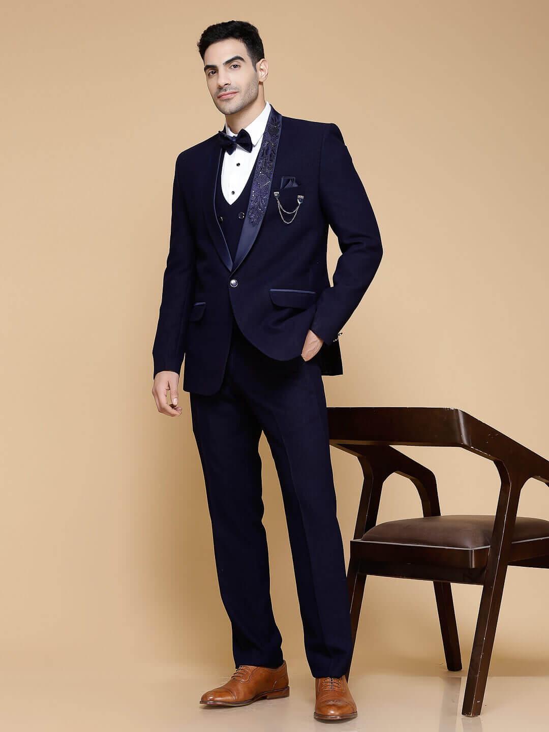 Blue Single Lapel Embroidered 3 Piece Suit