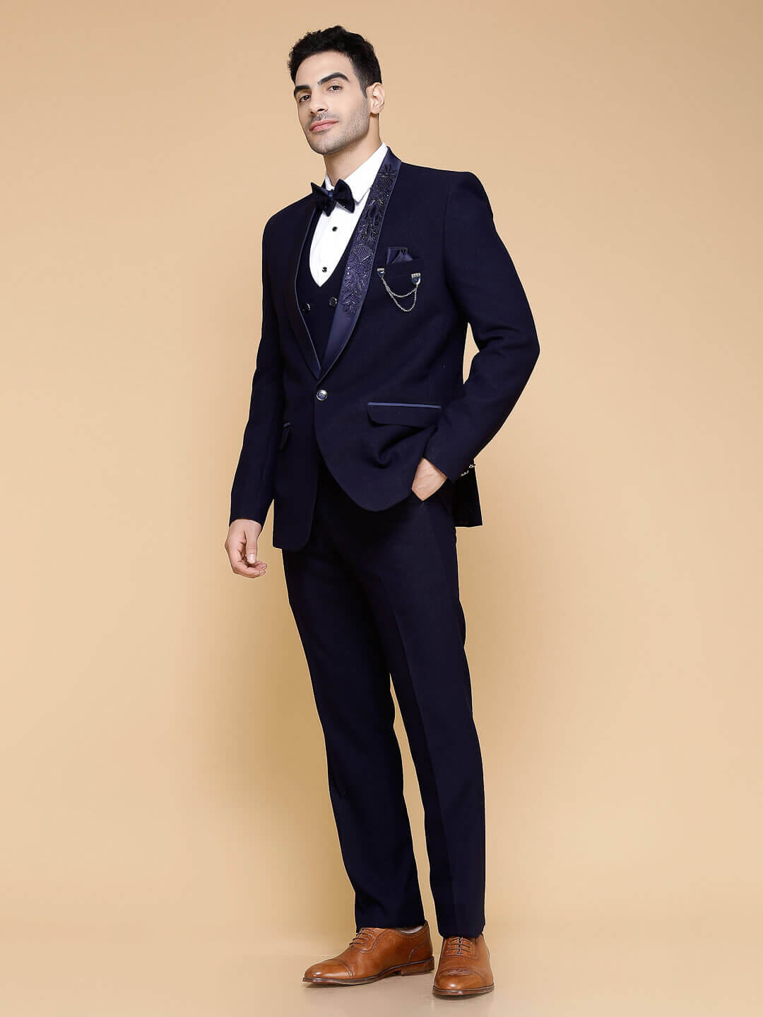 displaying image of Blue Single Lapel Embroidered 3 Piece Suit