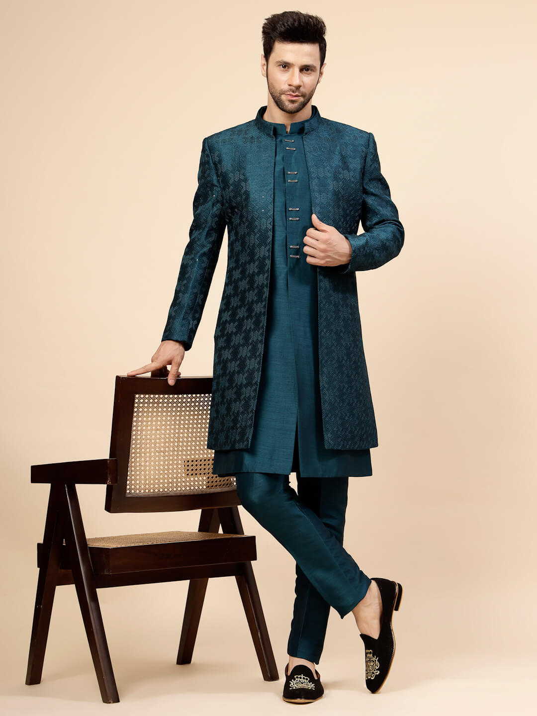 Blue Threaded Over Jacket Sherwani