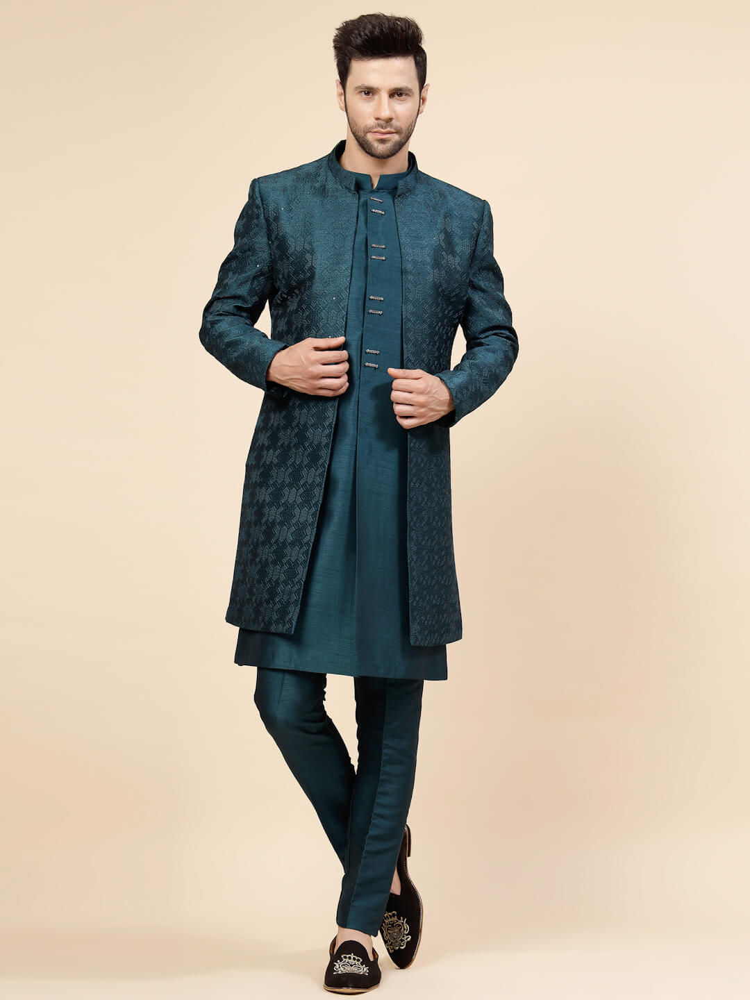 Blue Threaded Over Jacket Sherwani