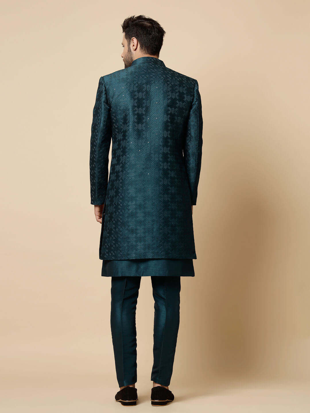 displaying image of Blue Threaded Over Jacket Sherwani