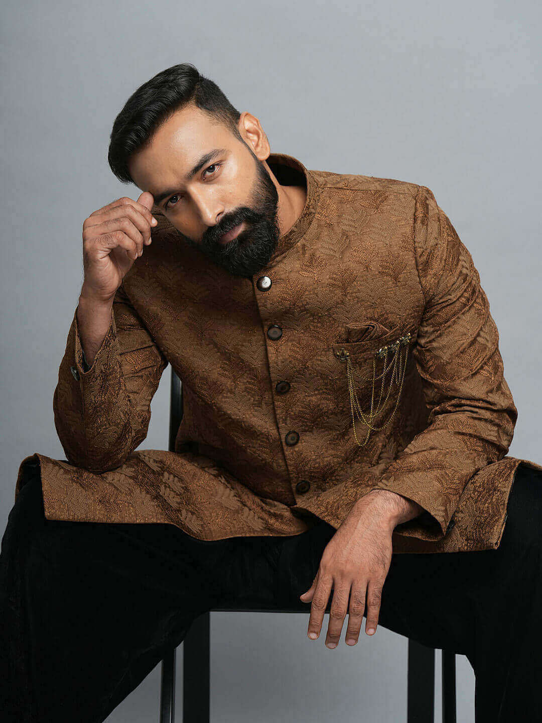 displaying image of Brown Embroidcred Sherwani