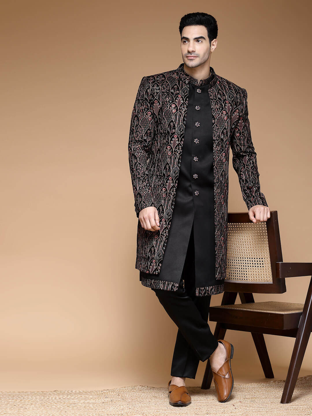 Brown Maroon Heavy Designer Sherwani - BLACK