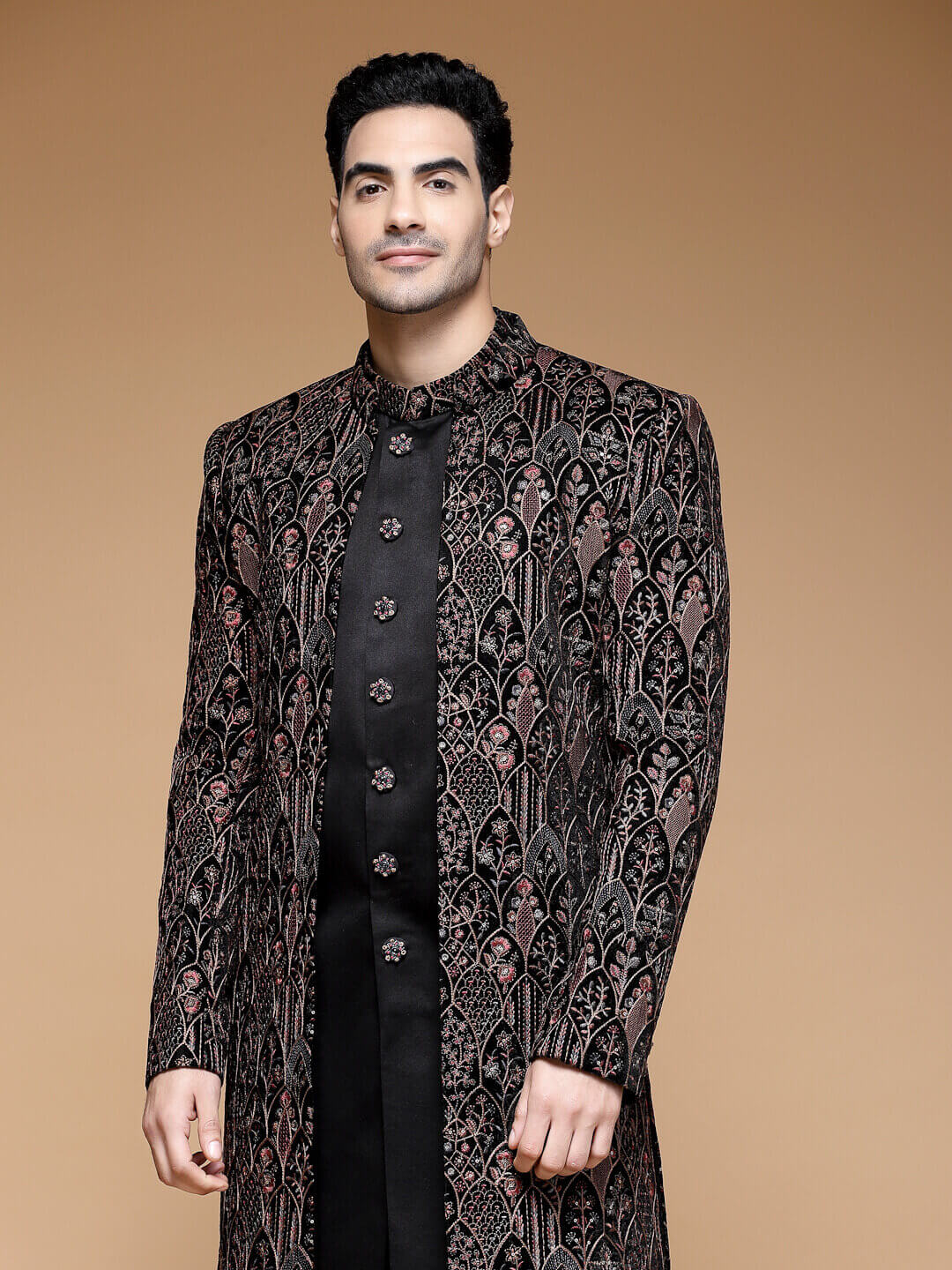 Brown Maroon Heavy Designer Sherwani - BLACK