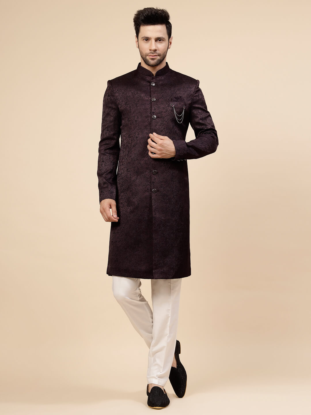 Brown Plain Jacquard IndoWestern