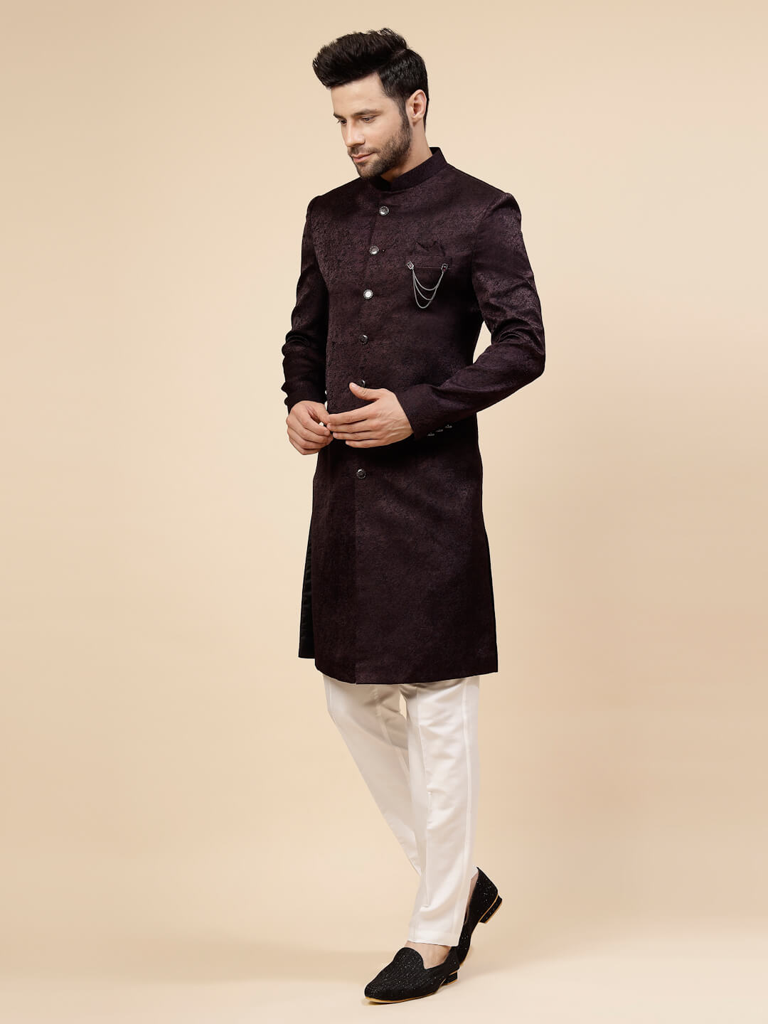 Brown Plain Jacquard IndoWestern