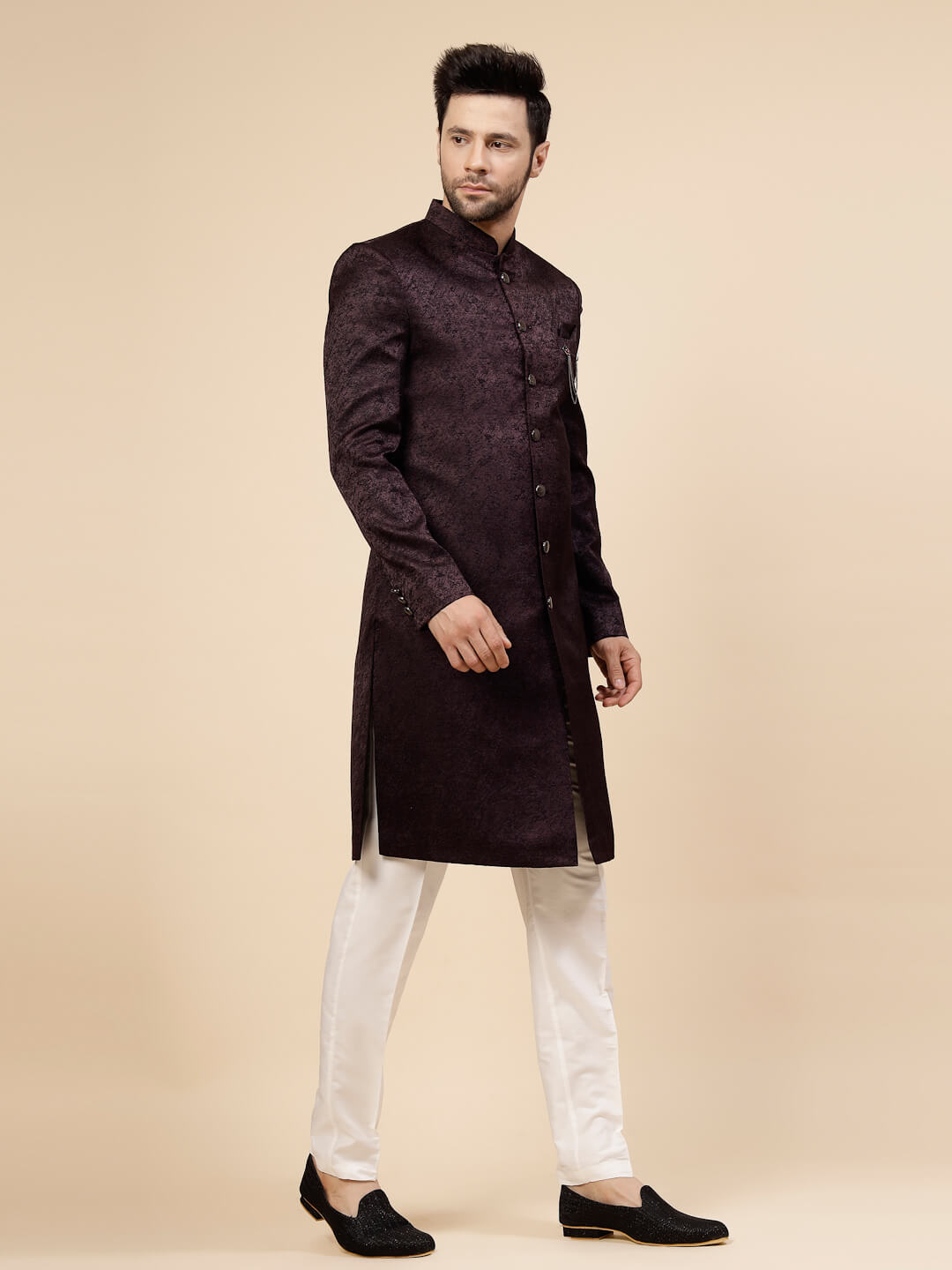 displaying image of Brown Plain Jacquard IndoWestern