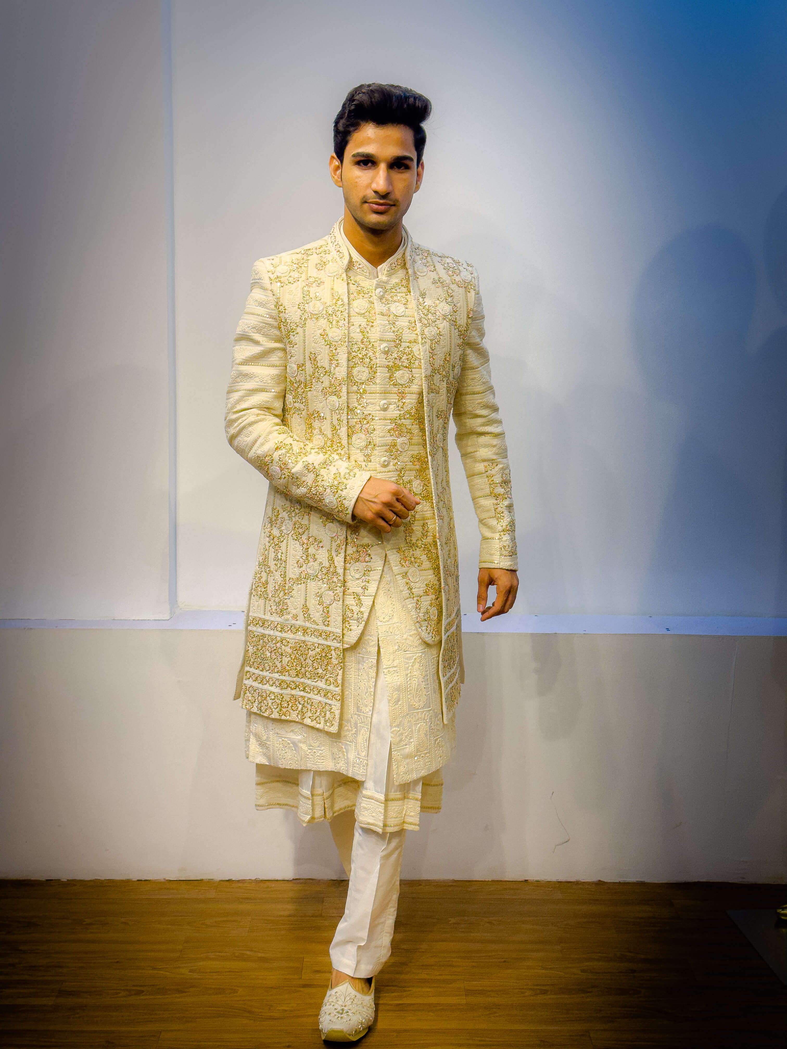 Cream 4 layered Hand Embroidered Sherwani