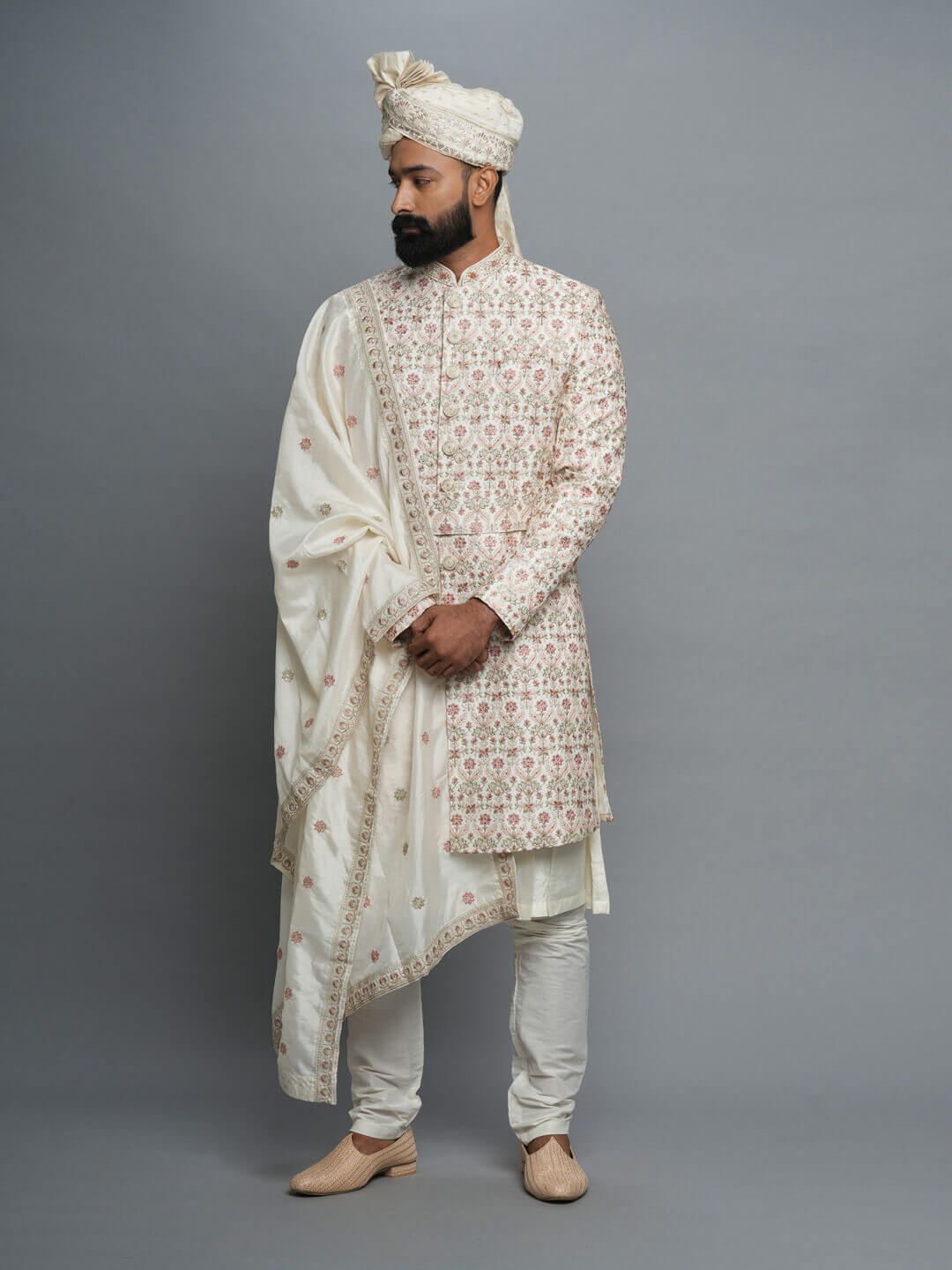 Cream Embroidered Heavy Groom with Brick Work