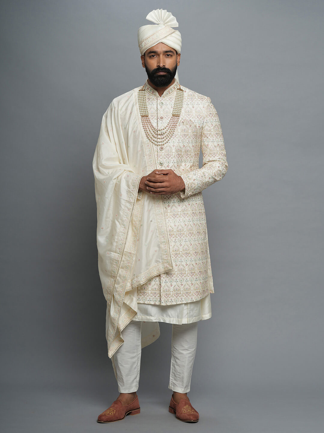 Cream Embroidered Heavy Groom with Pink Blue Work