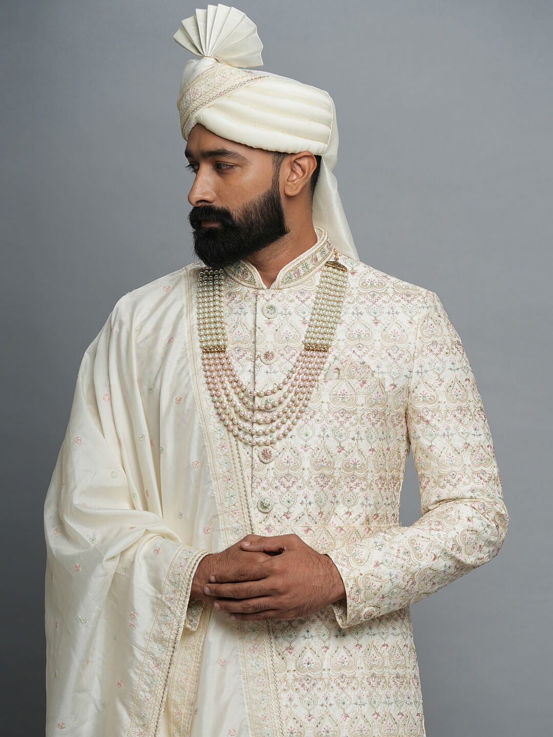 Cream Embroidered Heavy Groom with Pink Blue Work