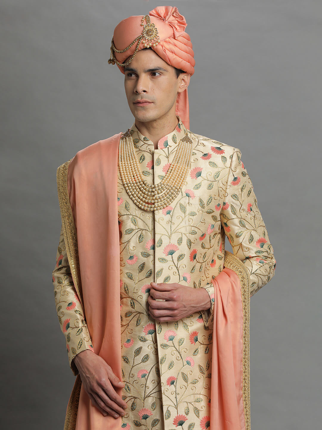 displaying image of Cream Embroidered Peach Floral Sherwani