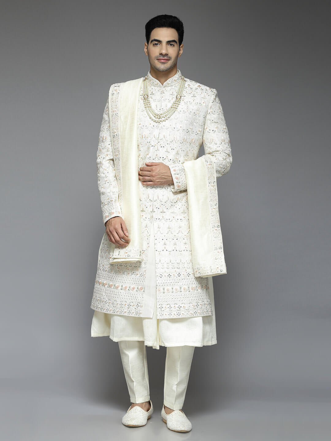 Cream Floral Mirror Embroidered Sherwani