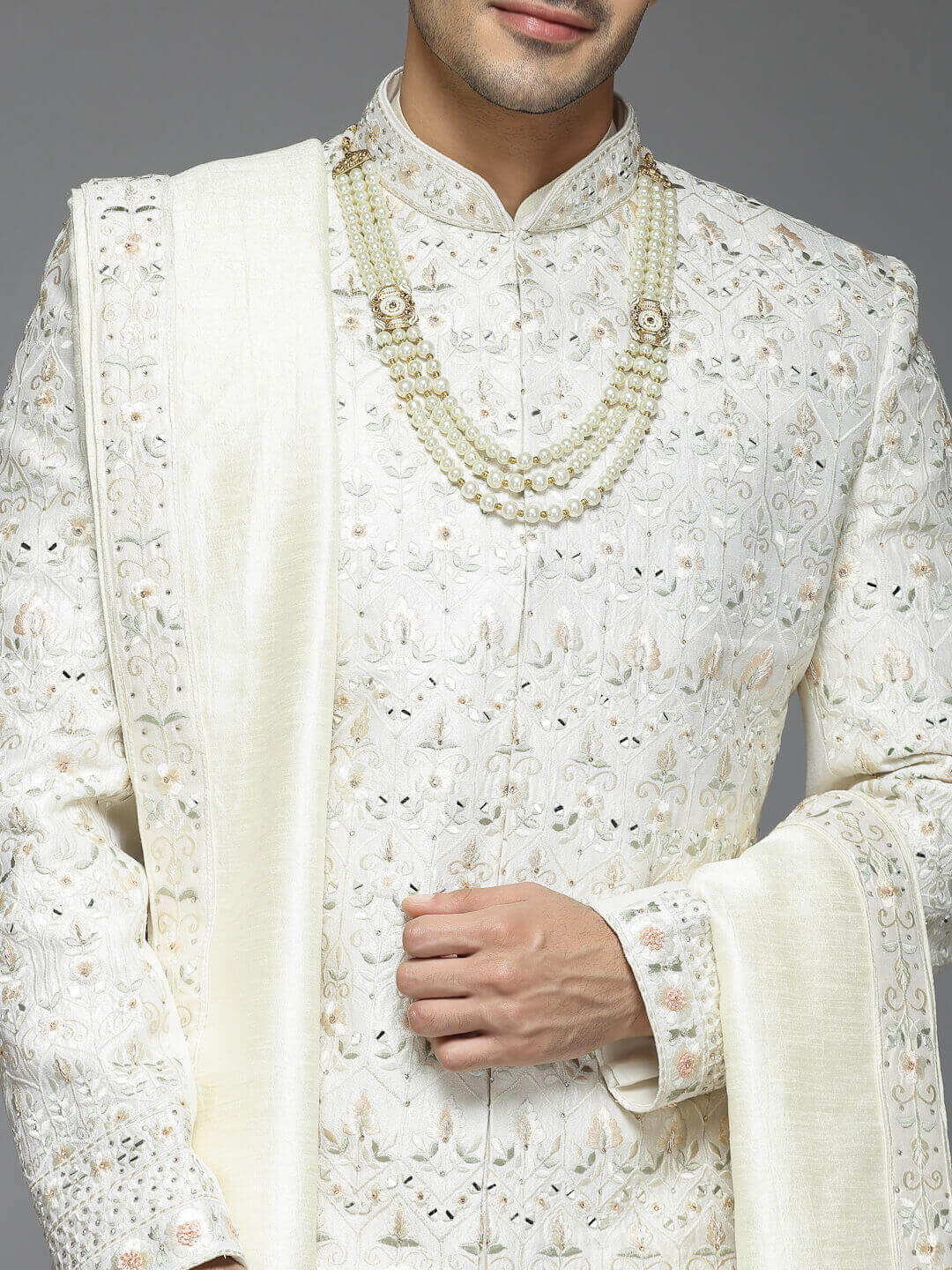 Cream Floral Mirror Embroidered Sherwani
