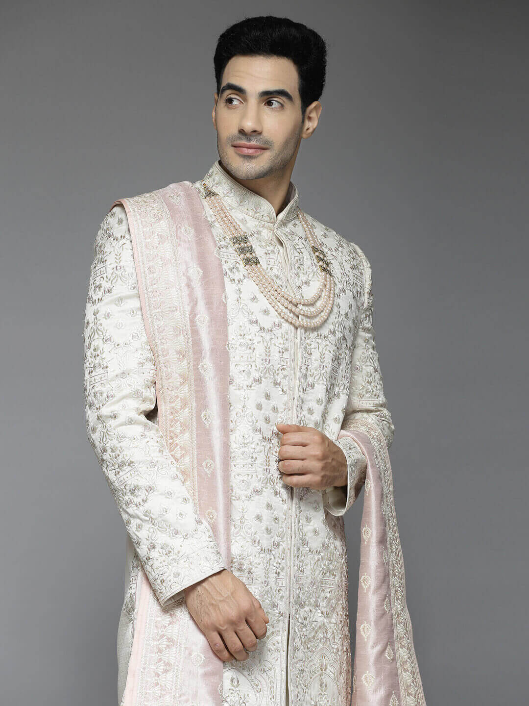 displaying image of Cream Grey Embroidered Front Sherwani