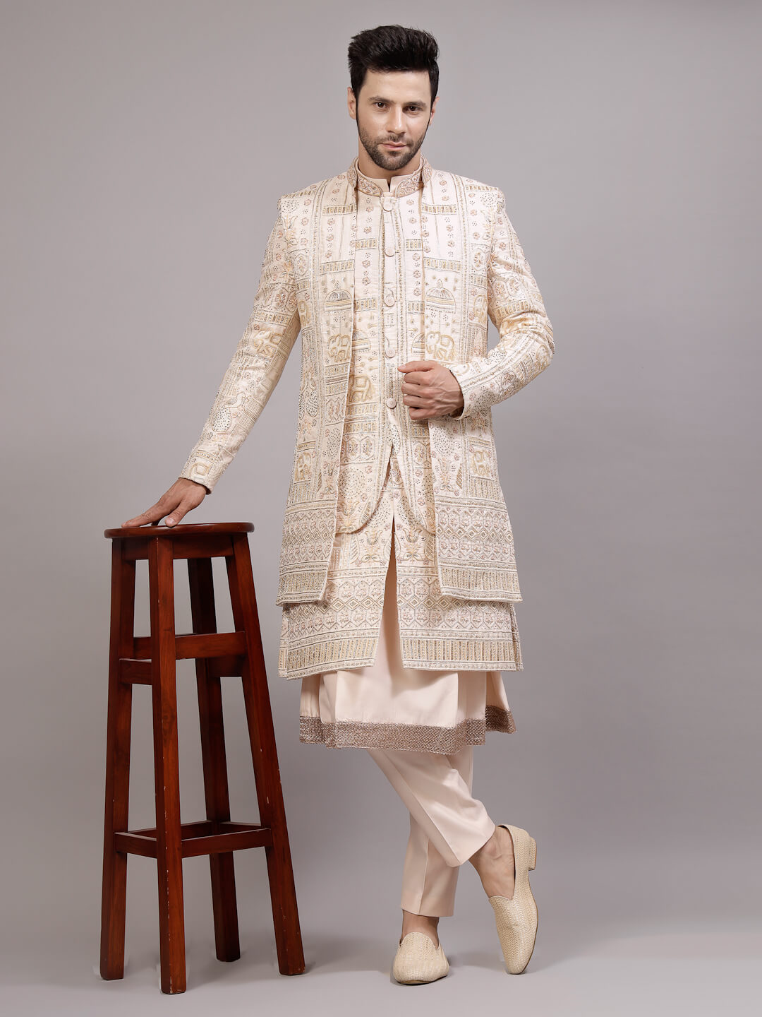 Cream Hand Woven Elephant Motif Sherwani